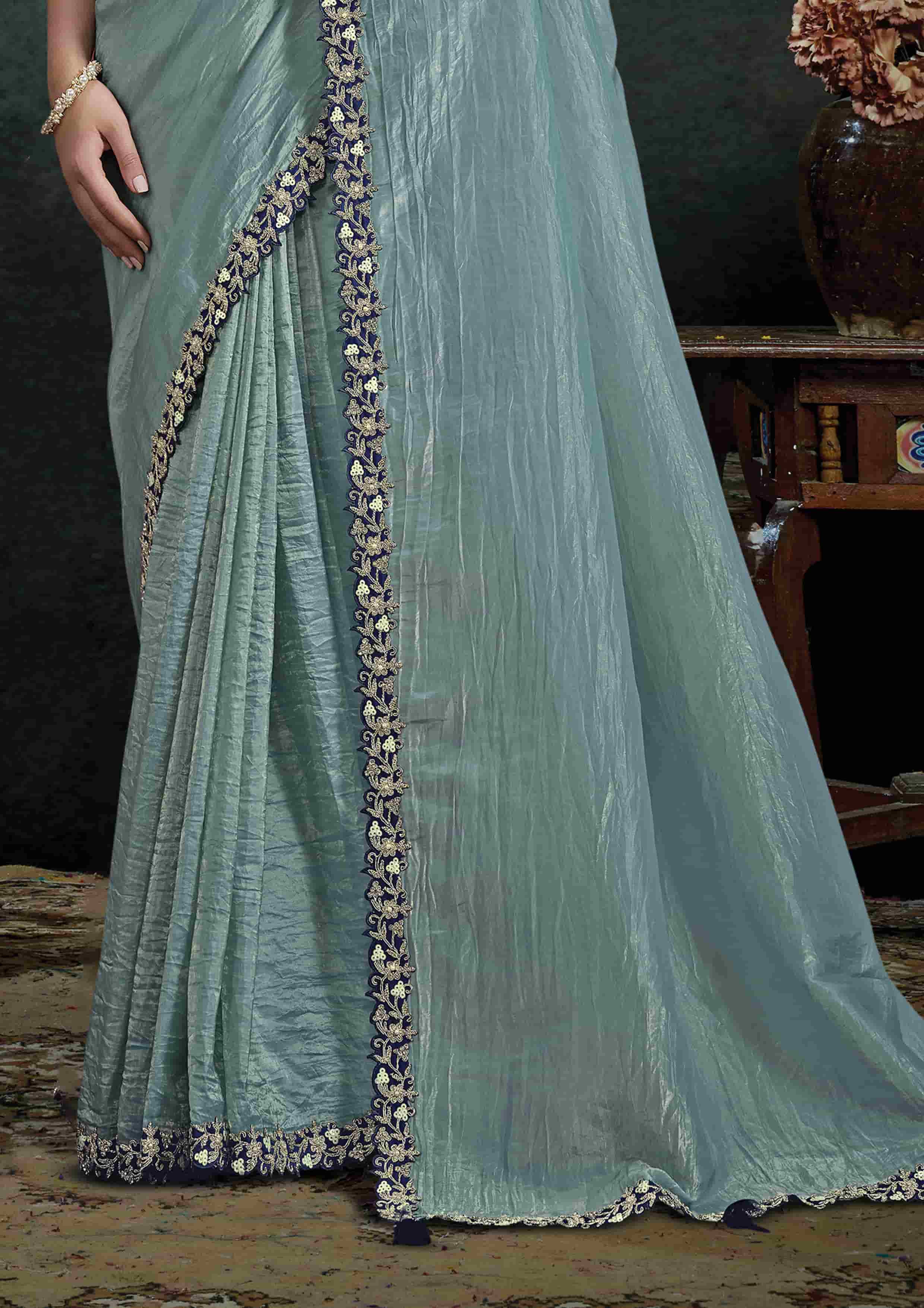 Floral Embroidery Detail of Powder Blue Organza Silk Saree