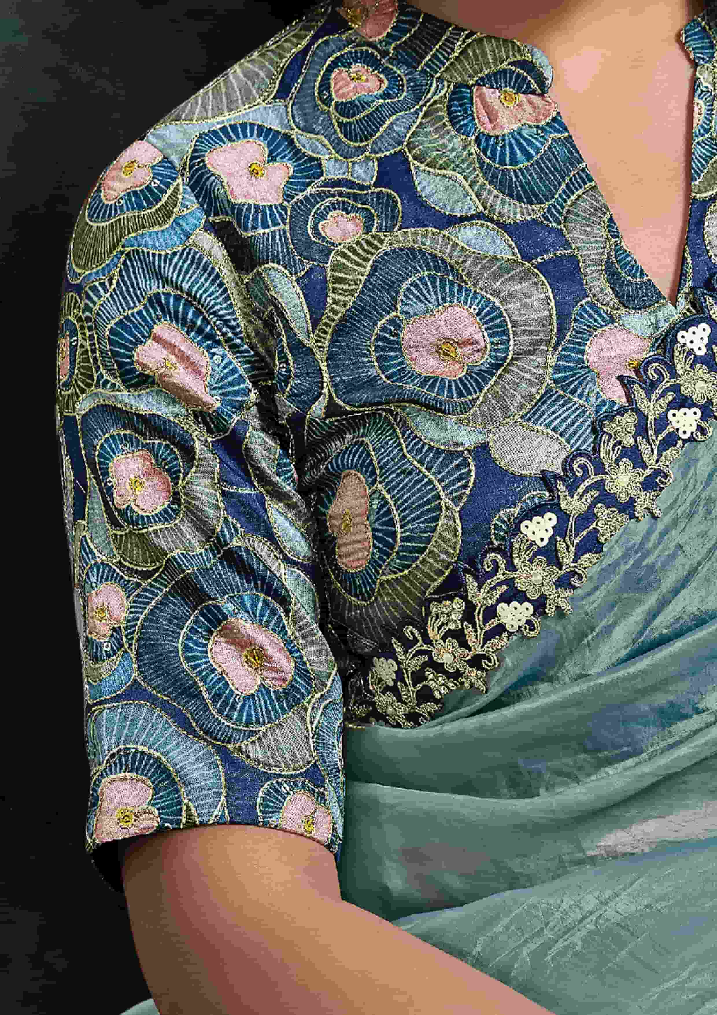 Blouse Detail of Blue Floral Satin Silk Unstitched Blouse