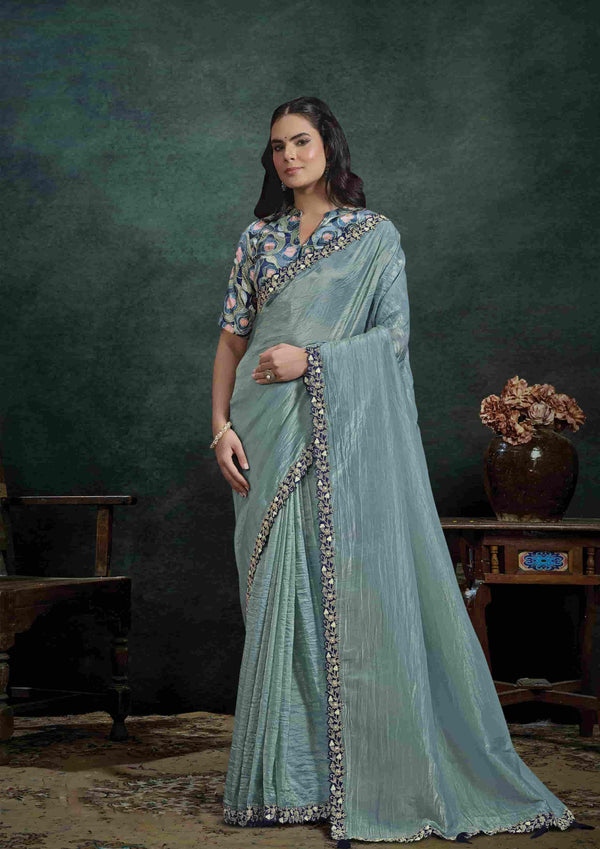 Powder Blue Organza Silk Saree with Floral Thread Embroidery and Blue Floral Satin Silk Unstitched Blouse
