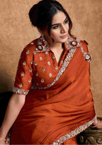 Burnt Orange Satin Silk Party Wear Saree with Sequin Embroidery