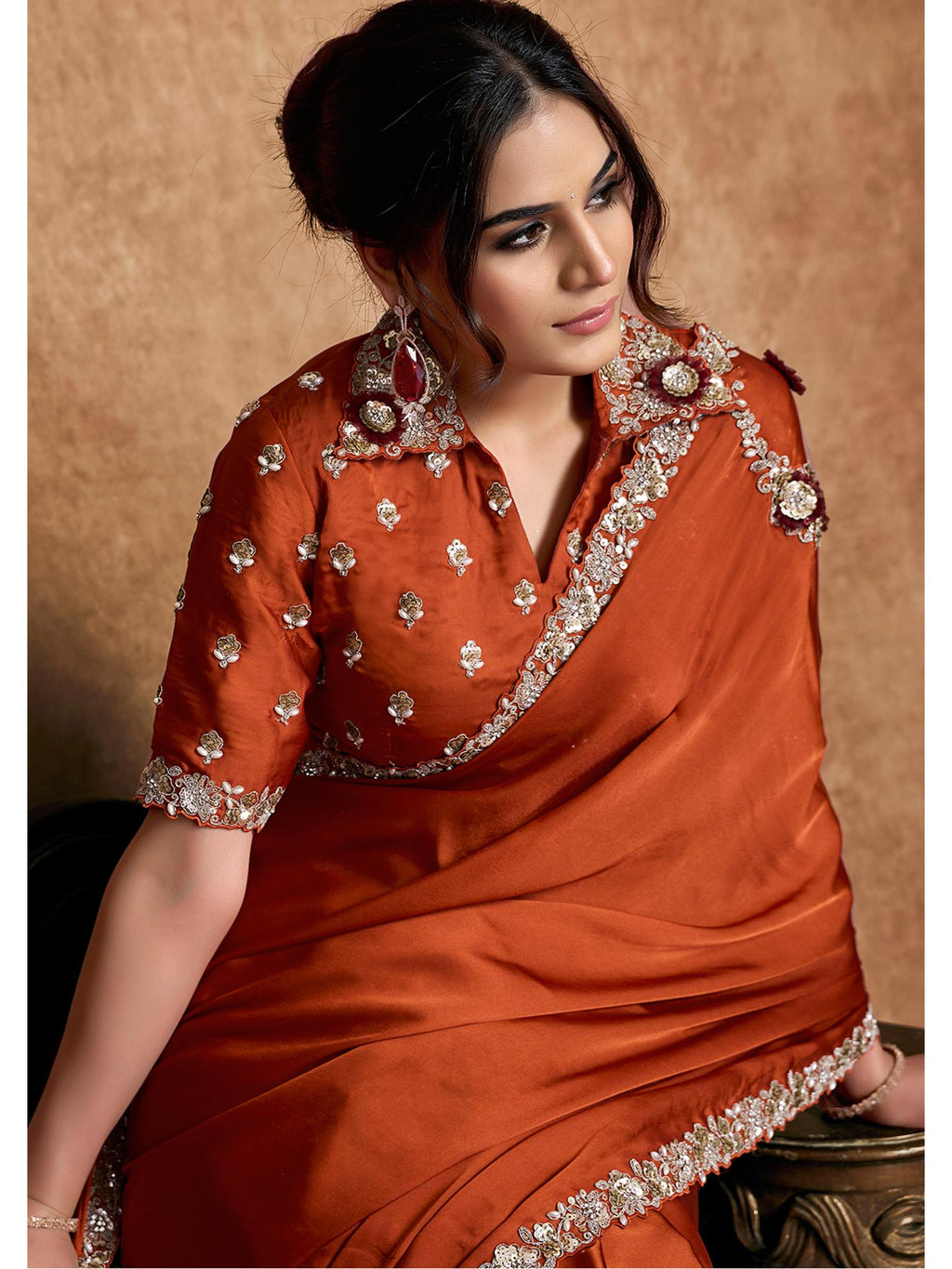 Rust Lustrous Satin Silk Sequin Embroidered Saree