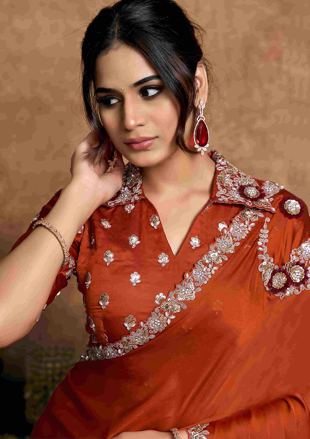 Rust Lustrous Satin Silk Party Wear Saree with Unstitched Blouse