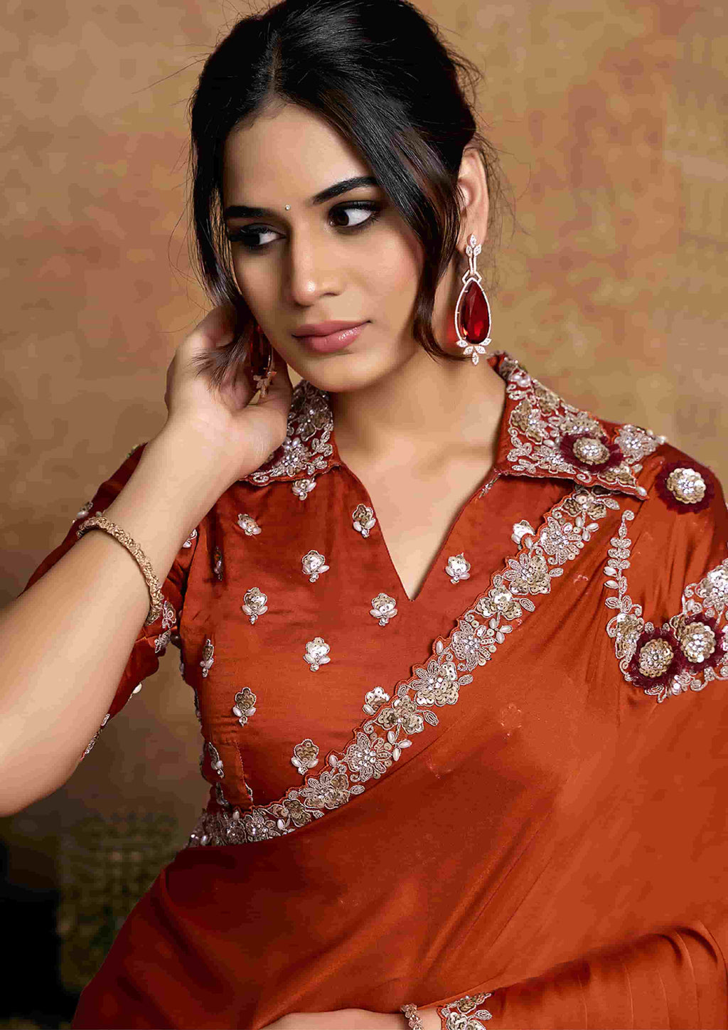 Burnt Orange Satin Silk Party Wear Saree with Sequin Embroidery