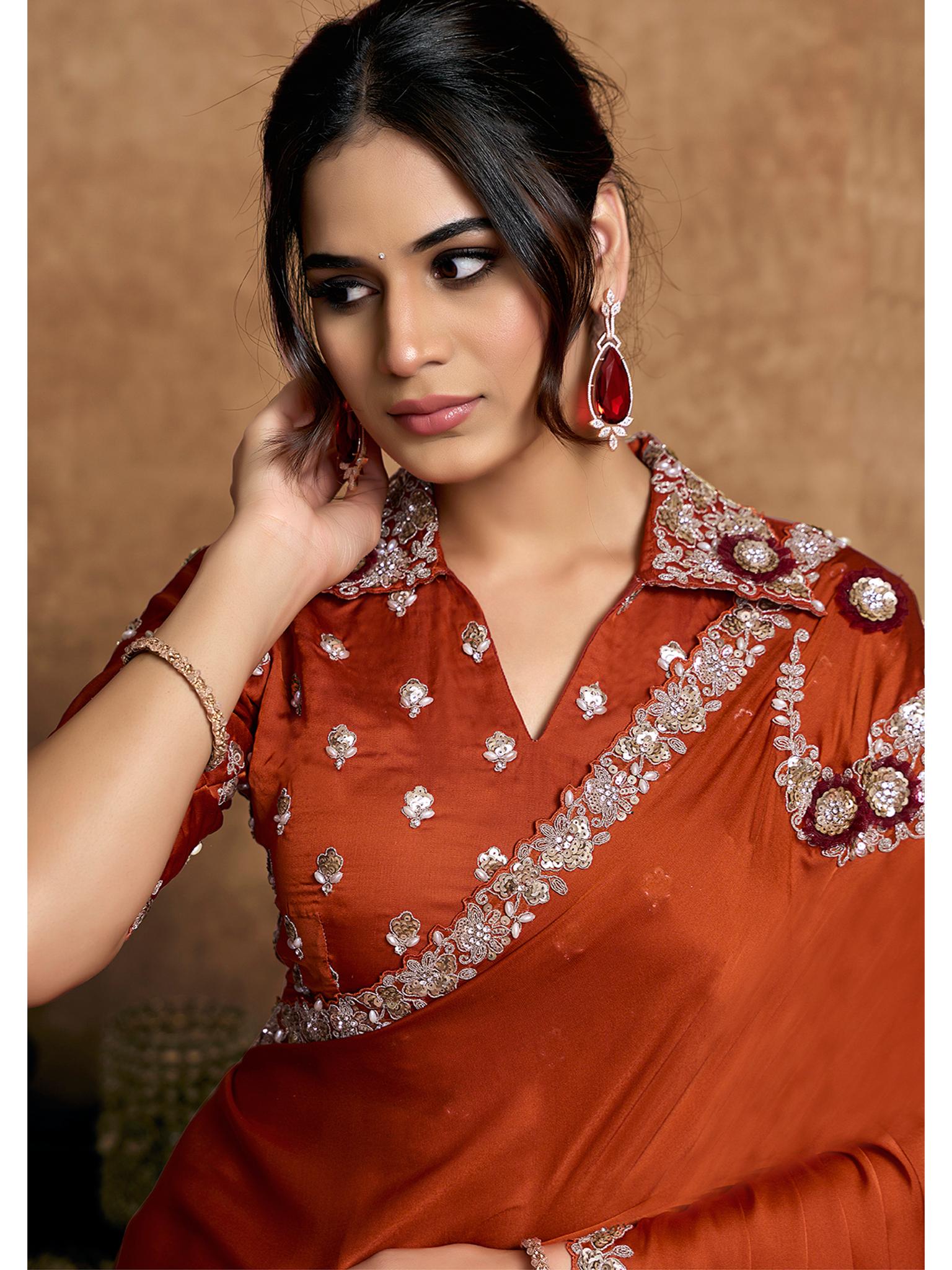 Rust Lustrous Satin Silk Sequin Embroidered Saree