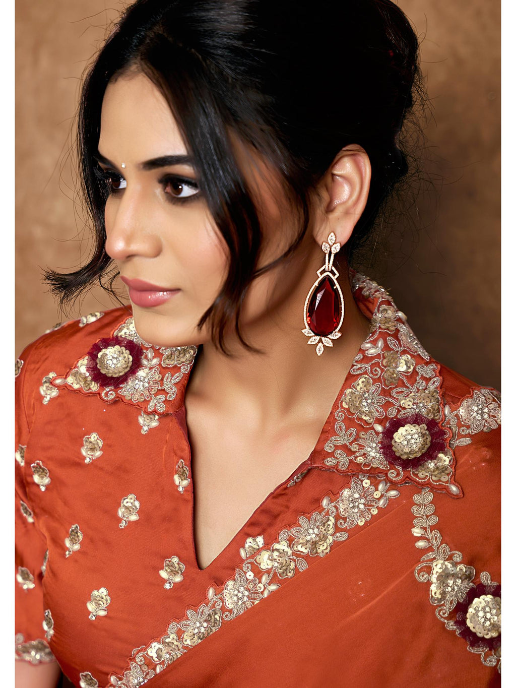 Rust Lustrous Satin Silk Sequin Embroidered Saree
