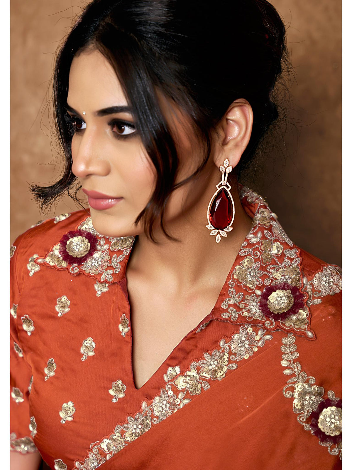 Rust Lustrous Satin Silk Sequin Embroidered Saree