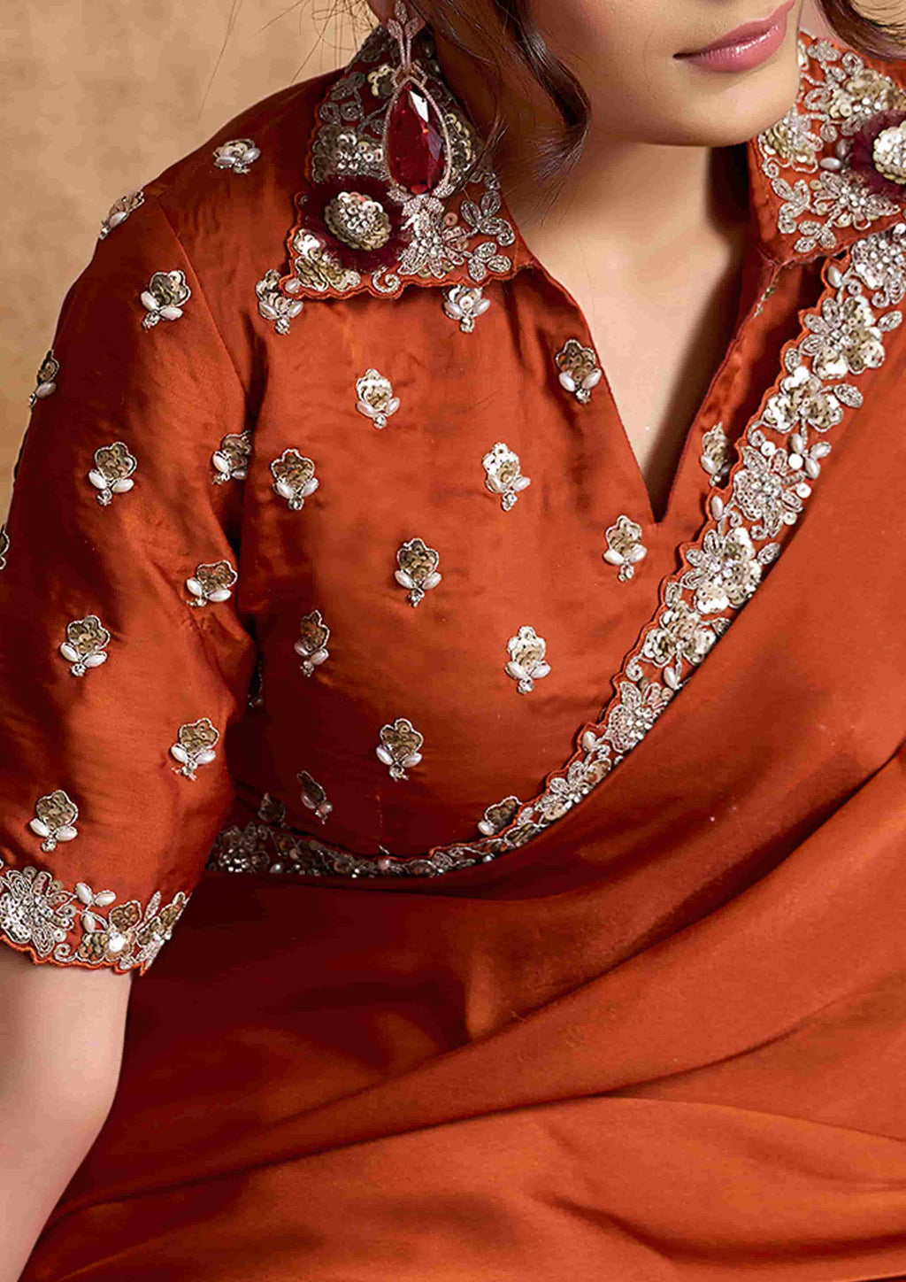 Burnt Orange Satin Silk Party Wear Saree with Sequin Embroidery