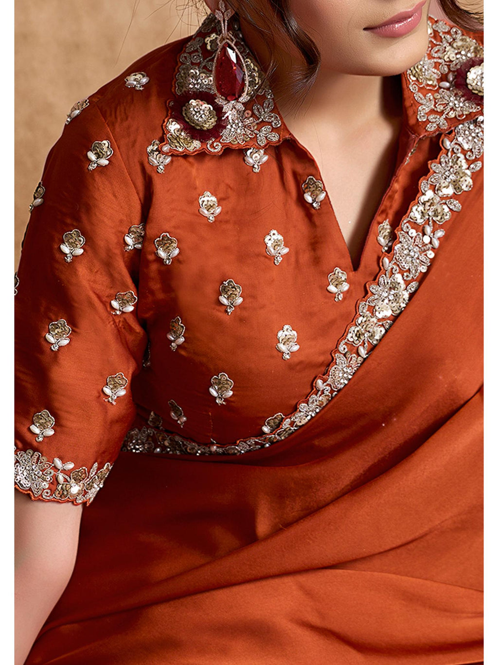 Rust Lustrous Satin Silk Sequin Embroidered Saree