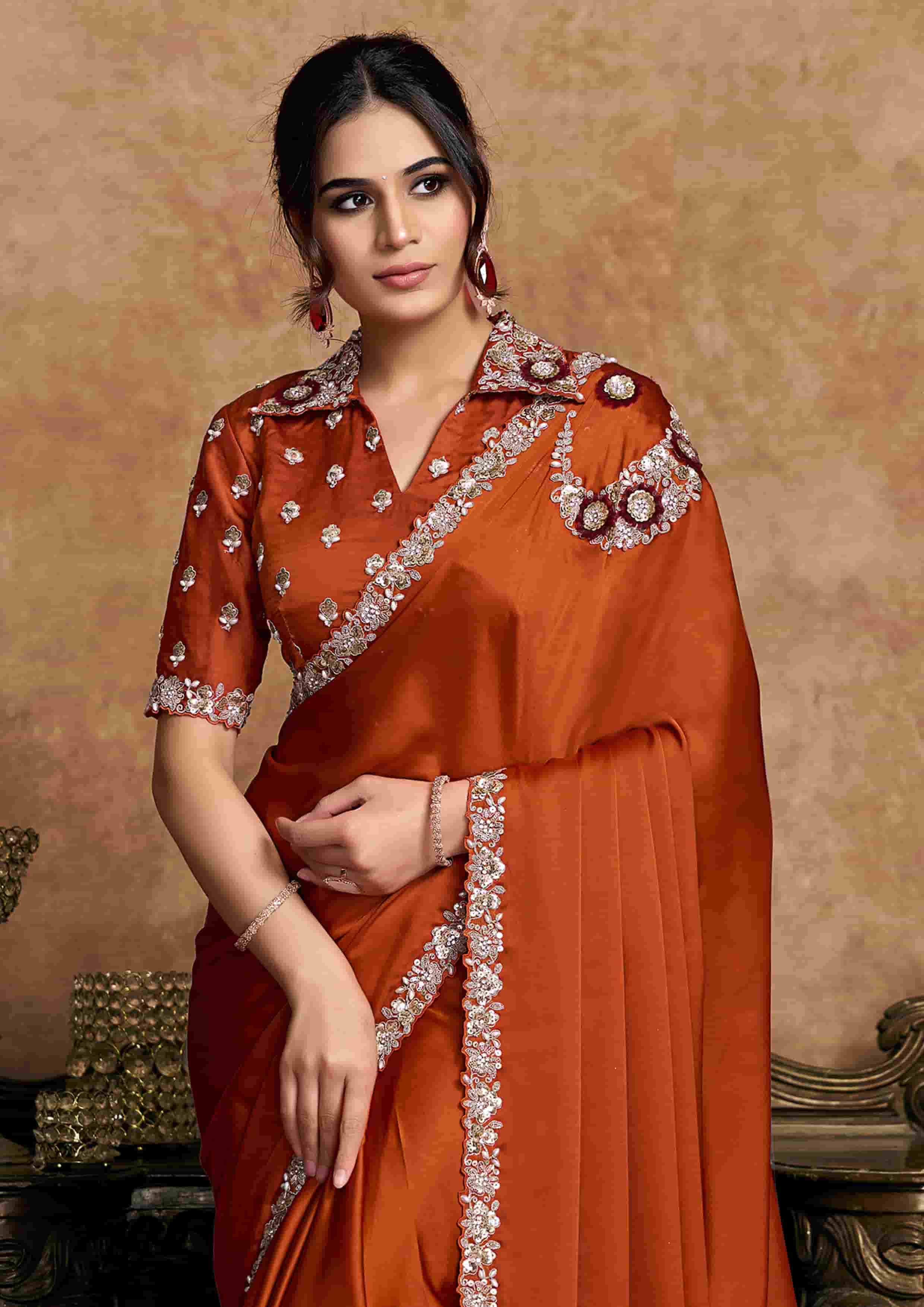 Burnt Orange Satin Silk Party Wear Saree with Sequin Embroidery
