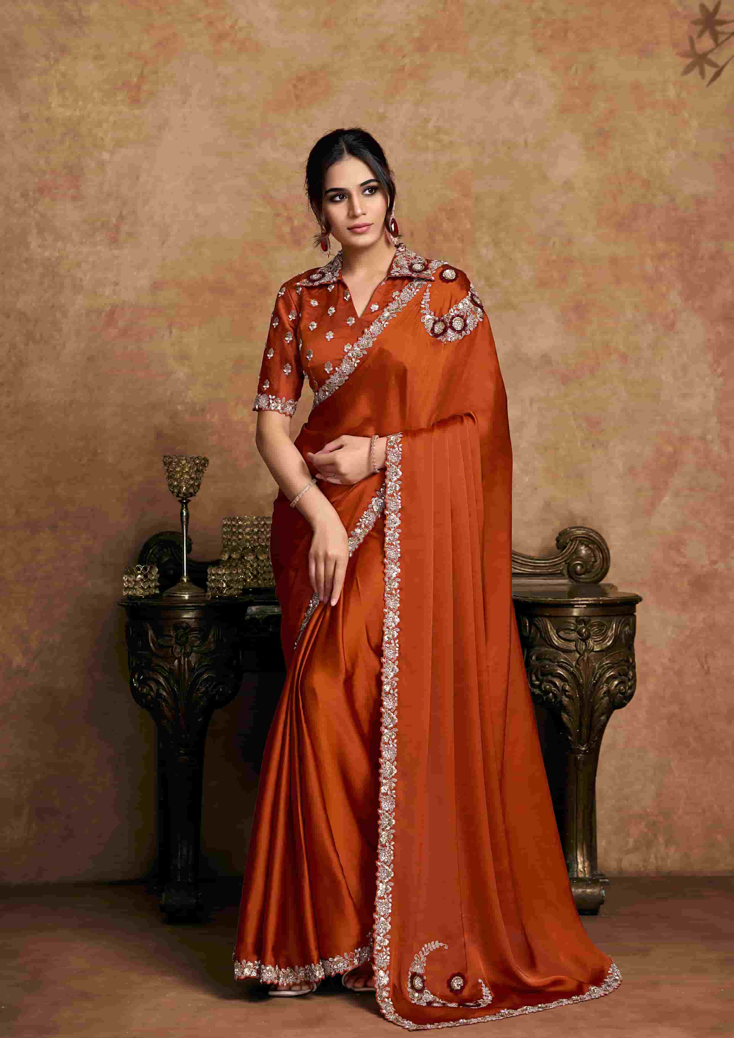 Rust Lustrous Satin Silk Party Wear Saree with Unstitched Blouse