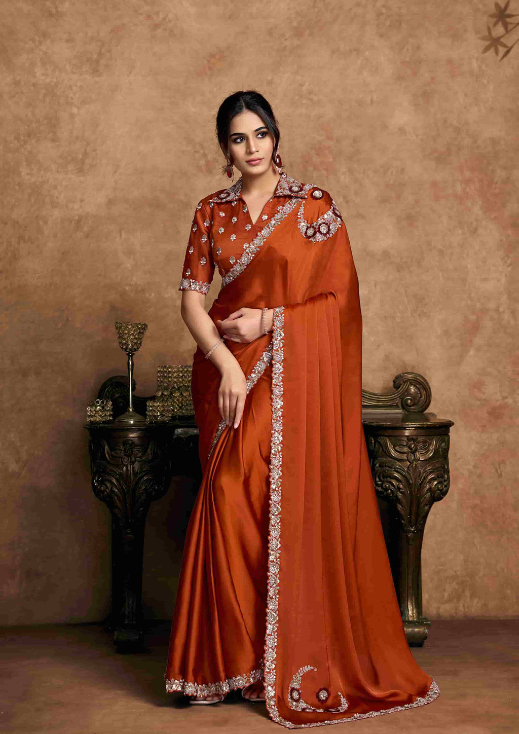 Burnt Orange Satin Silk Party Wear Saree with Sequin Embroidery