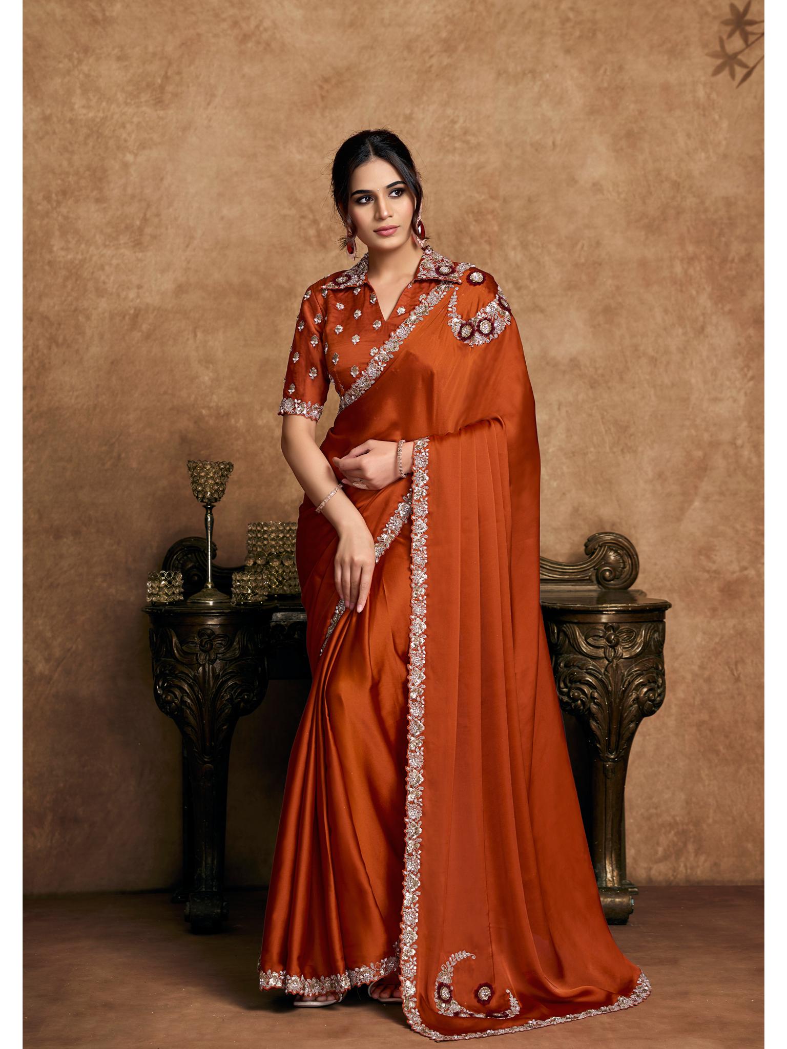 Rust Lustrous Satin Silk Sequin Embroidered Saree