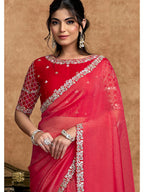 Red Zari Organza Satin Sequin Pearl Stone Work Saree