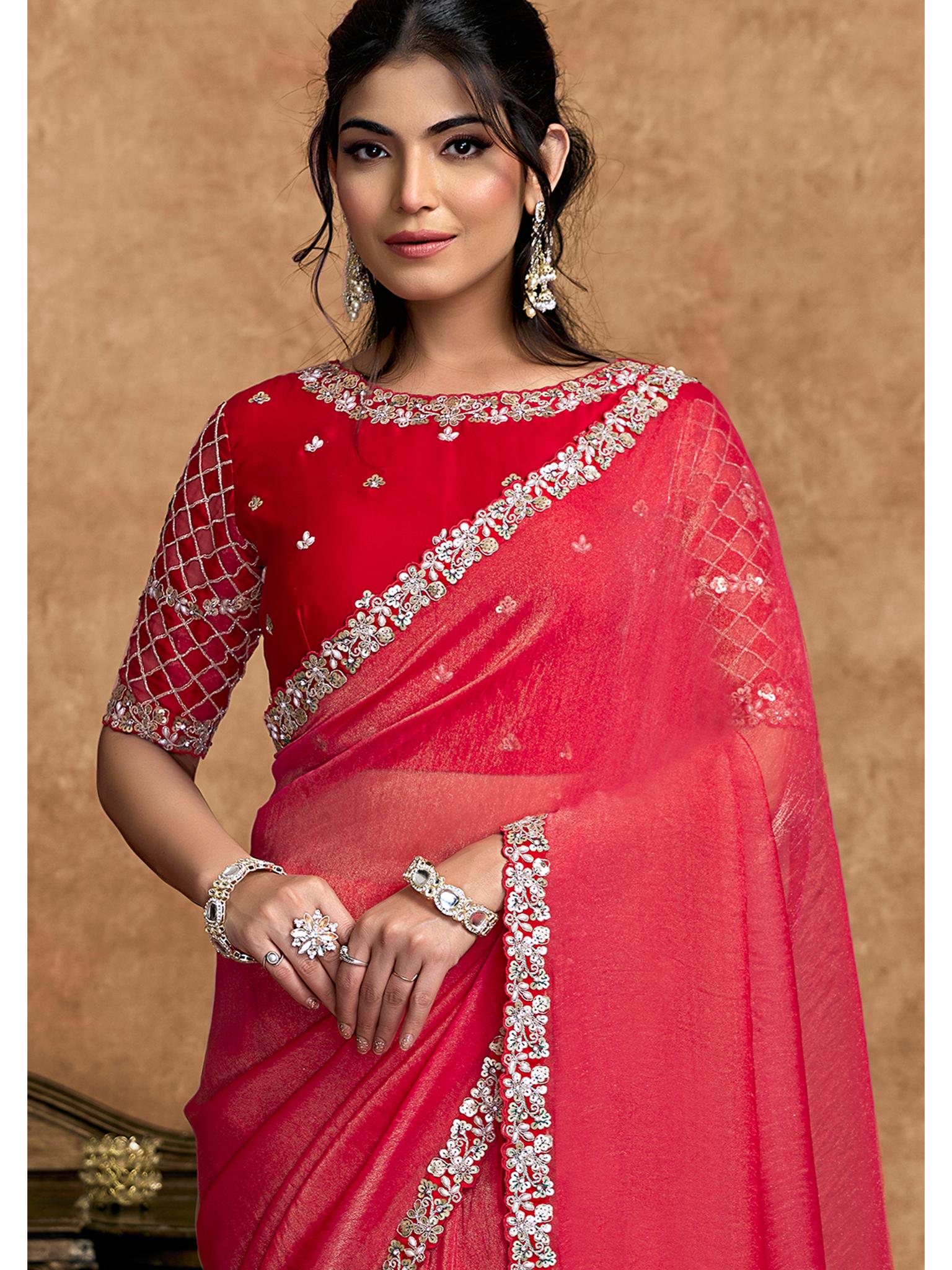 Red Zari Organza Satin Sequin Pearl Stone Work Saree