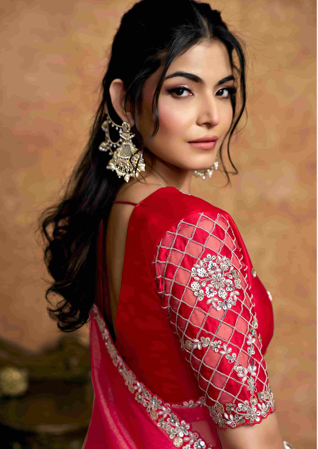 Rani Pink Organza Satin Party Wear Saree with Pearl & Stone Work