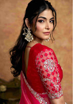 Rani Pink Organza Satin Party Wear Saree with Pearl & Stone Work