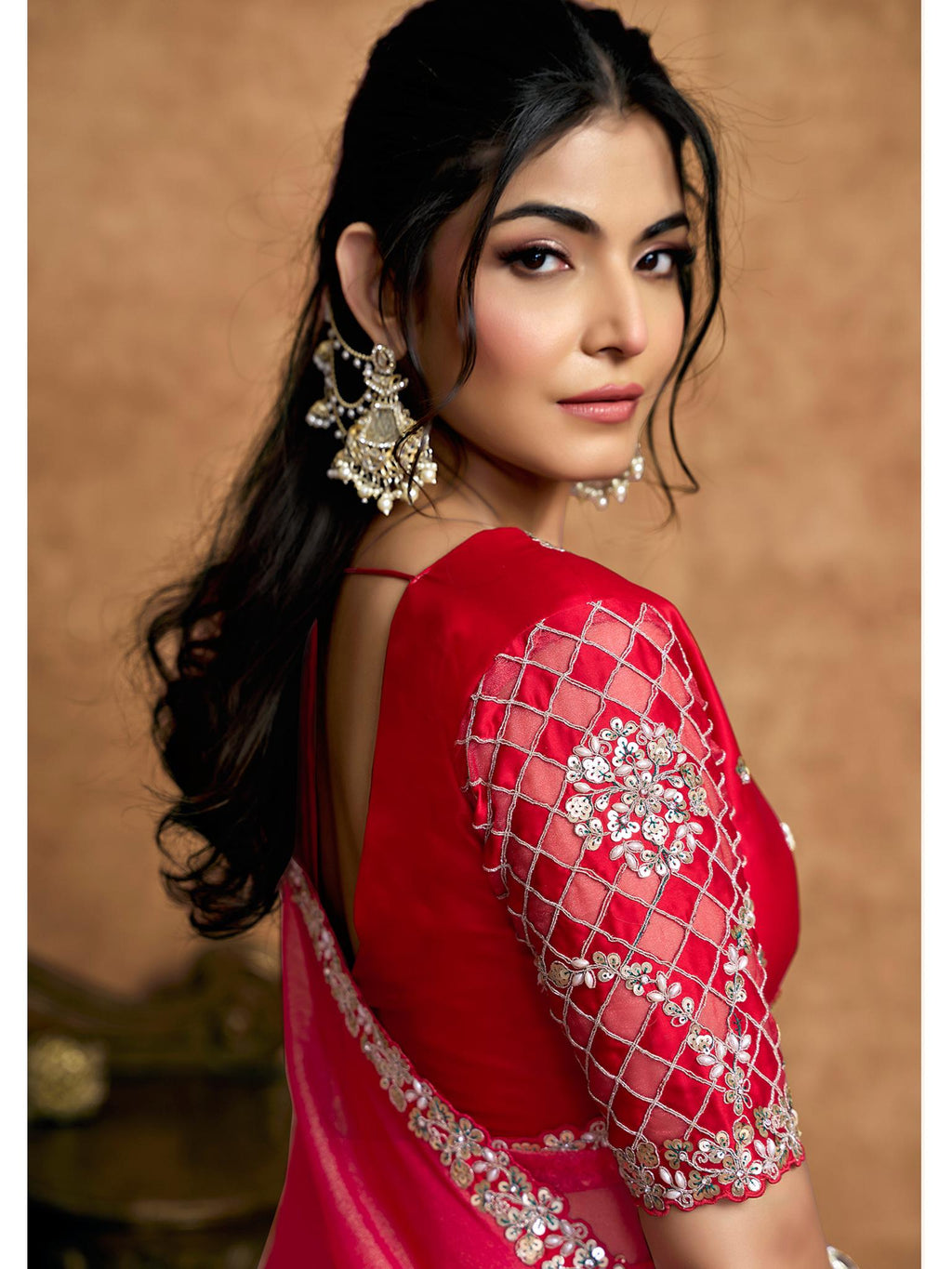 Red Zari Organza Satin Sequin Pearl Stone Work Saree