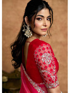 Red Zari Organza Satin Sequin Pearl Stone Work Saree