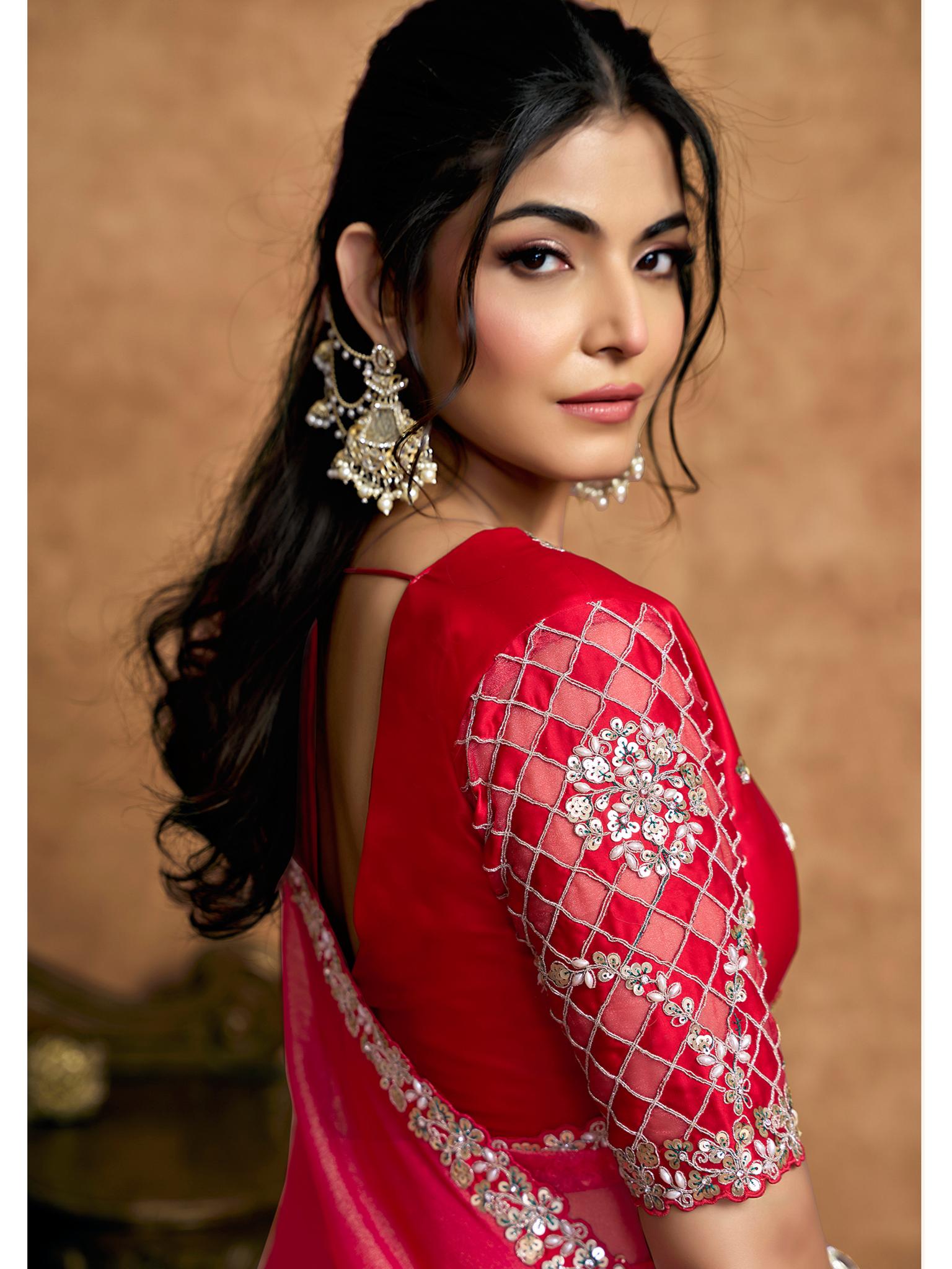 Red Zari Organza Satin Sequin Pearl Stone Work Saree