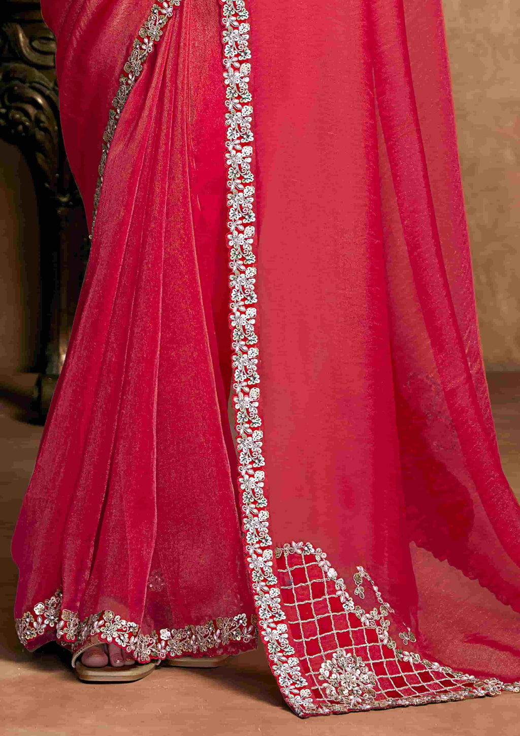 Rani Pink Organza Satin Party Wear Saree with Pearl & Stone Work