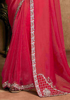 Rani Pink Organza Satin Party Wear Saree with Pearl & Stone Work