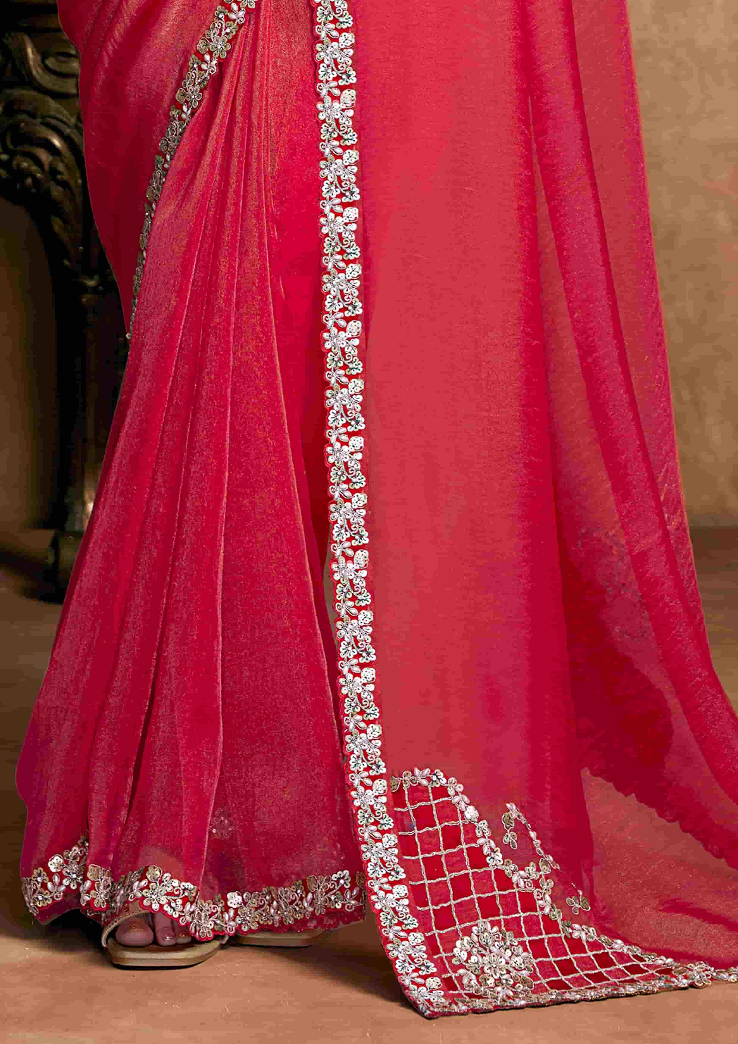 Rani Pink Organza Satin Party Wear Saree with Pearl & Stone Work