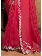 Red Zari Organza Satin Sequin Pearl Stone Work Saree