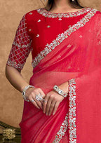 Rani Pink Organza Satin Party Wear Saree with Pearl & Stone Work