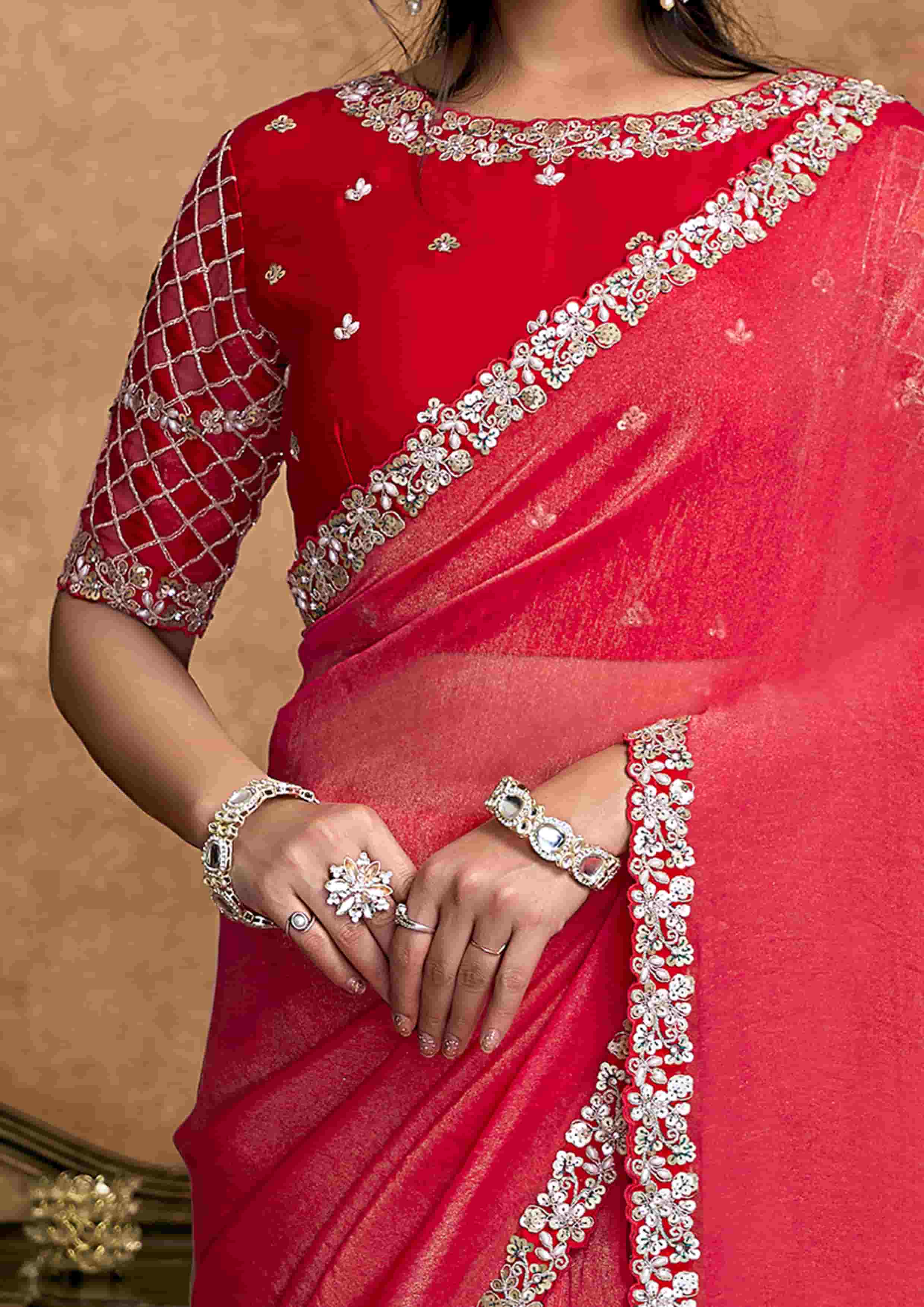 Rani Pink Organza Satin Party Wear Saree with Pearl & Stone Work