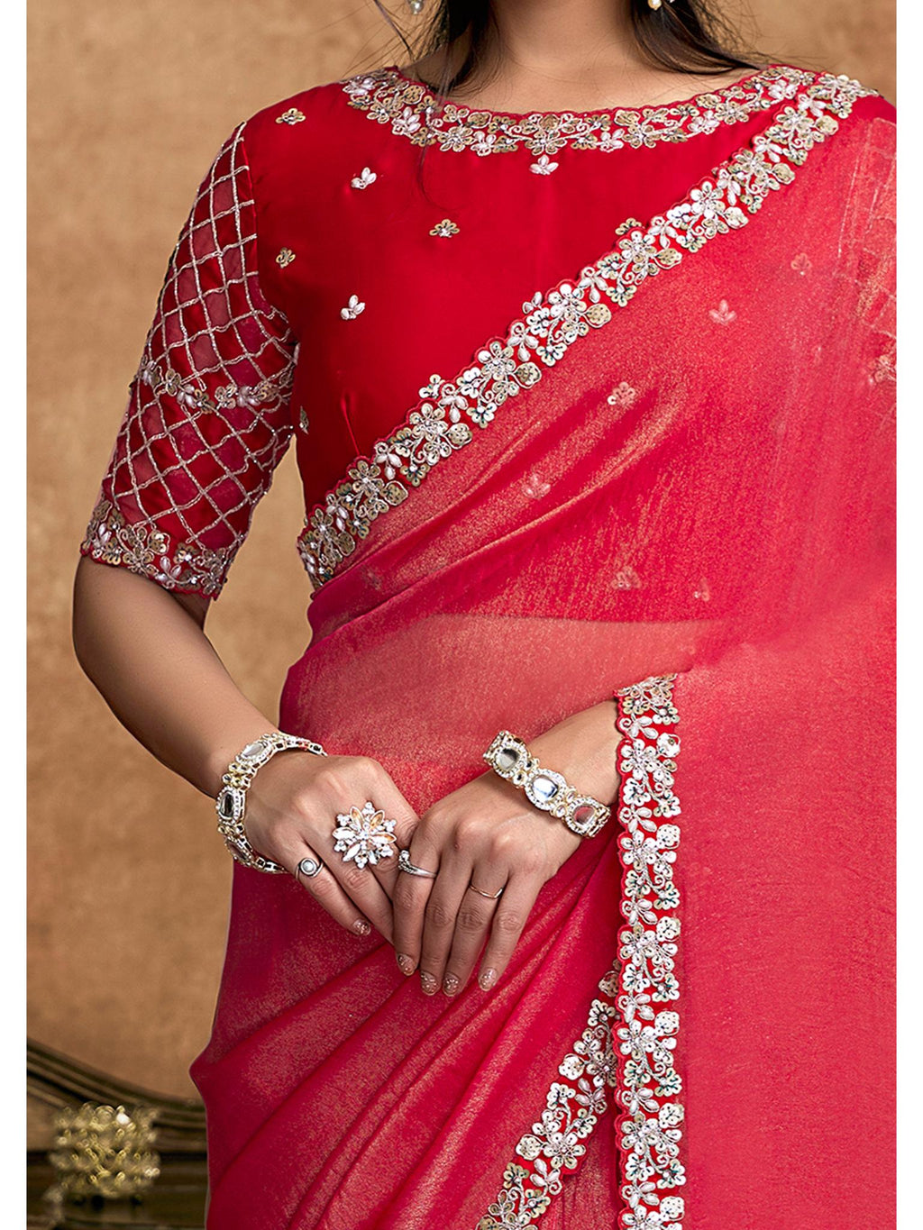 Red Zari Organza Satin Sequin Pearl Stone Work Saree