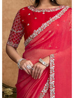 Red Zari Organza Satin Sequin Pearl Stone Work Saree