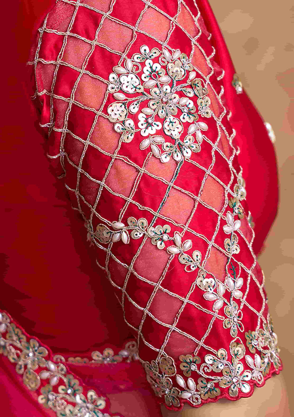 Rani Pink Organza Satin Party Wear Saree with Pearl & Stone Work