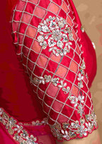 Rani Pink Organza Satin Party Wear Saree with Pearl & Stone Work