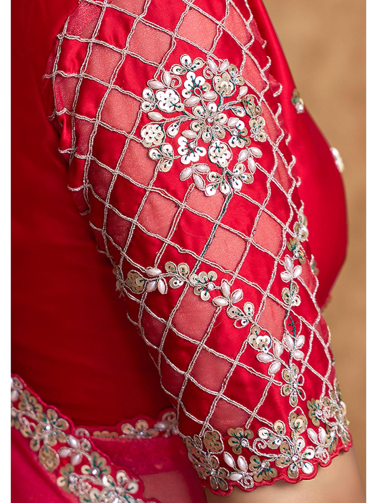 Red Zari Organza Satin Sequin Pearl Stone Work Saree