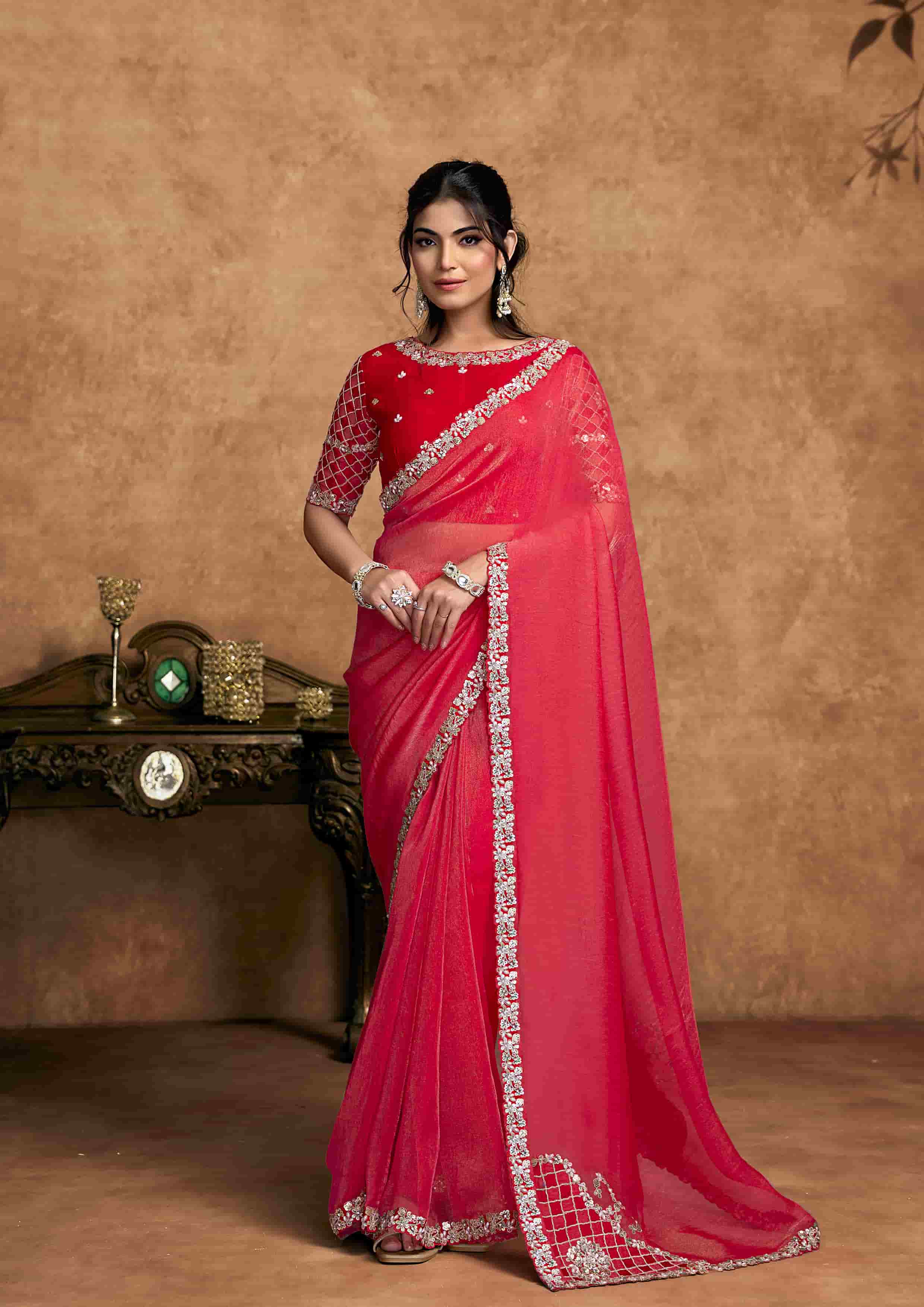 Rani Pink Organza Satin Party Wear Saree with Pearl & Stone Work