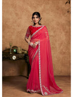 Red Zari Organza Satin Sequin Pearl Stone Work Saree