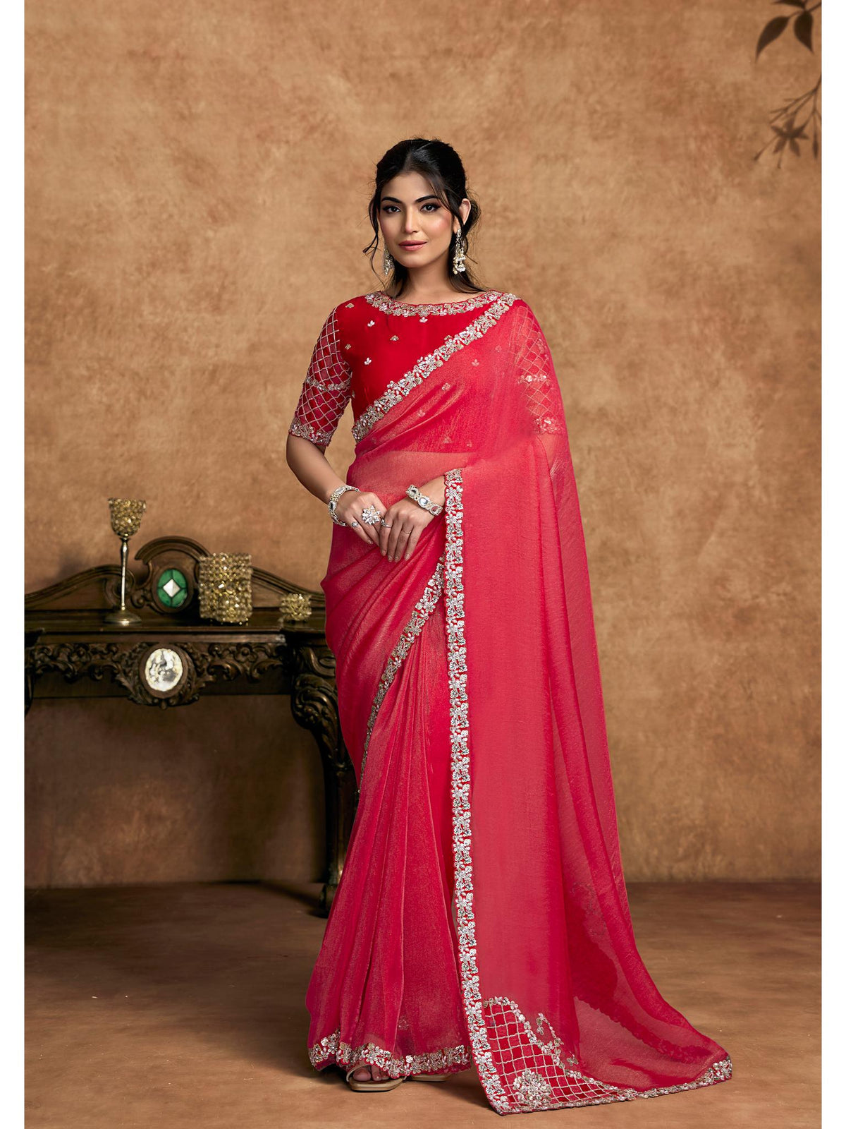Red Zari Organza Satin Sequin Pearl Stone Work Saree