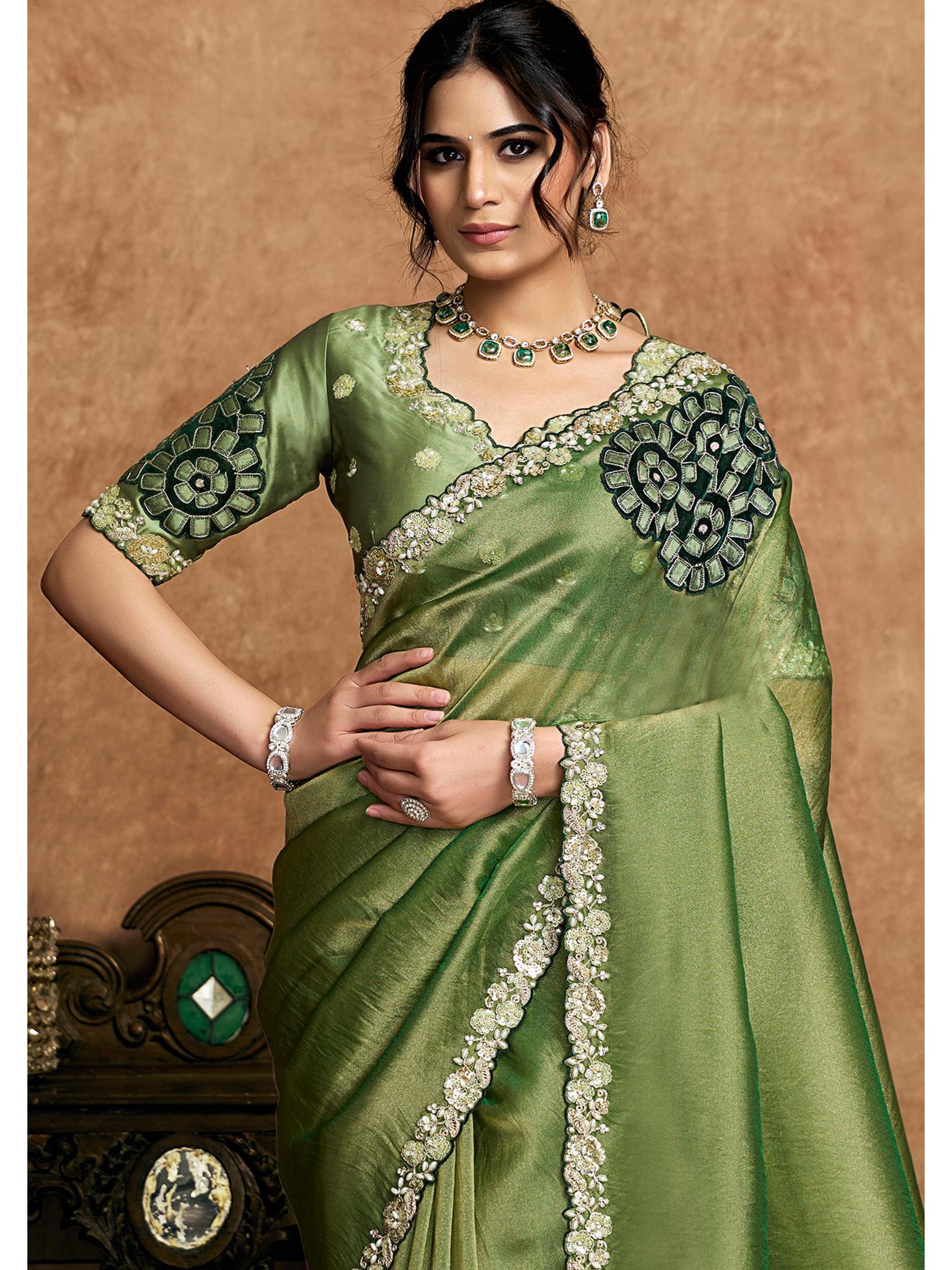 Green Zari Organza Satin Pearl Stone Sequin Work Saree