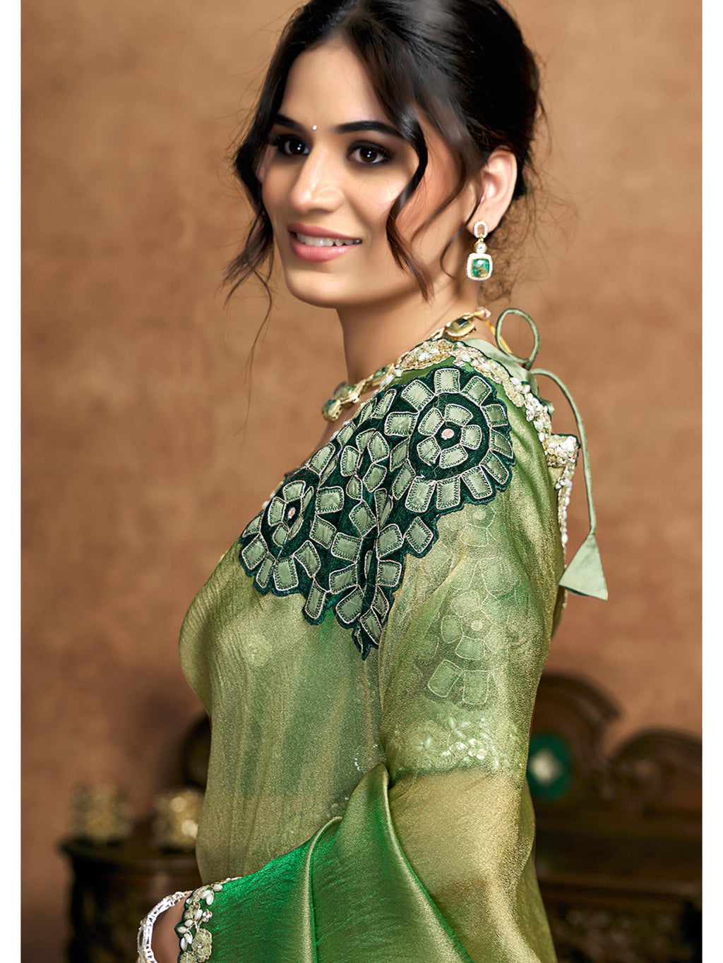 Green Zari Organza Satin Pearl Stone Sequin Work Saree
