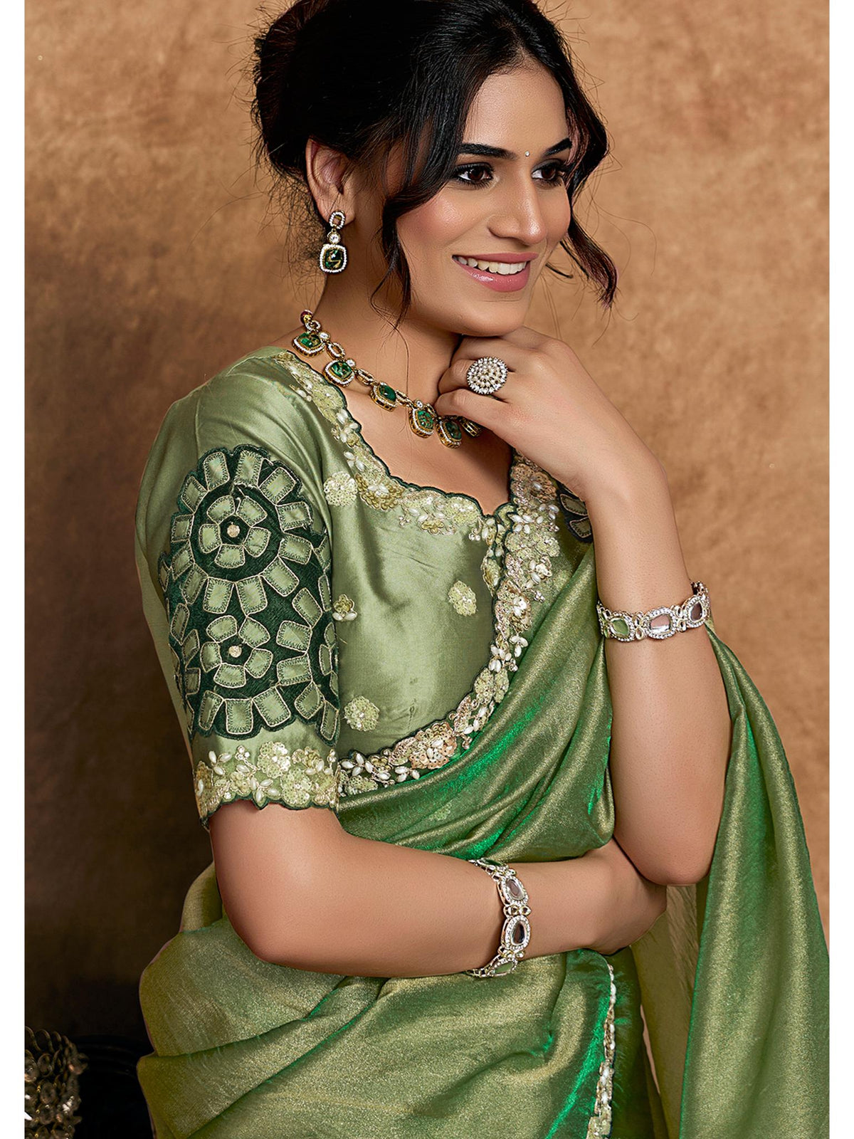 Green Zari Organza Satin Pearl Stone Sequin Work Saree