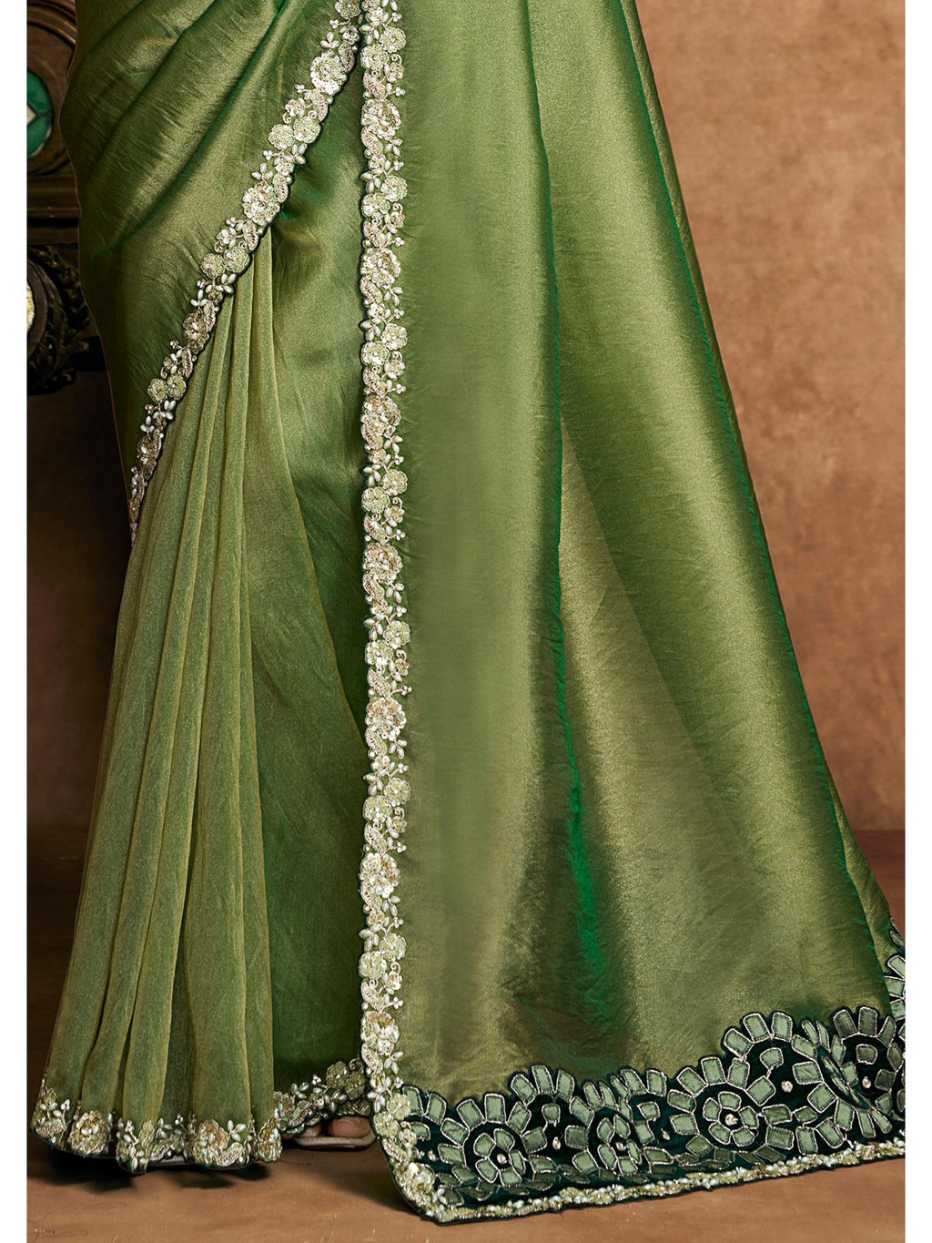 Green Zari Organza Satin Pearl Stone Sequin Work Saree