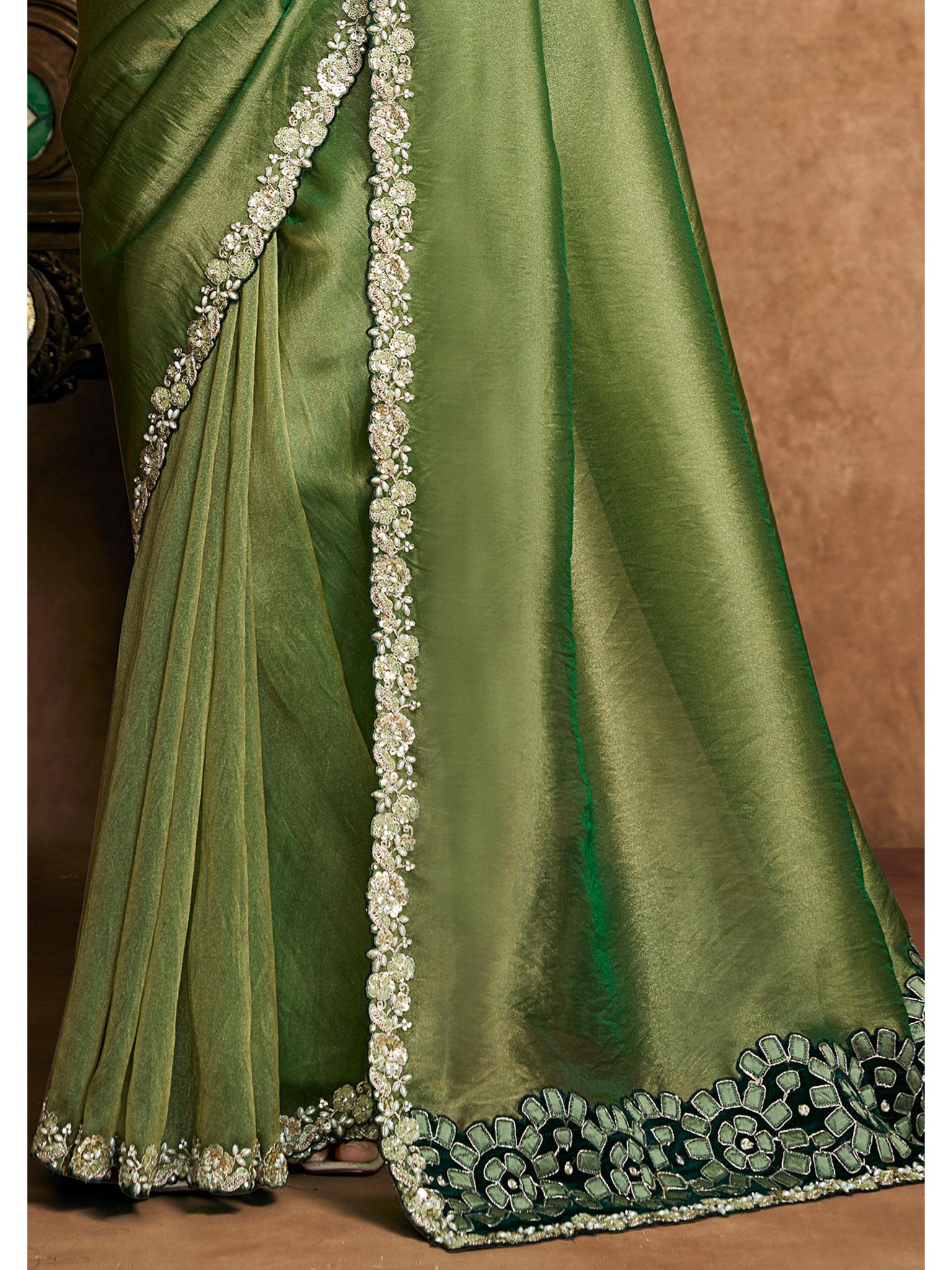 Green Zari Organza Satin Pearl Stone Sequin Work Saree