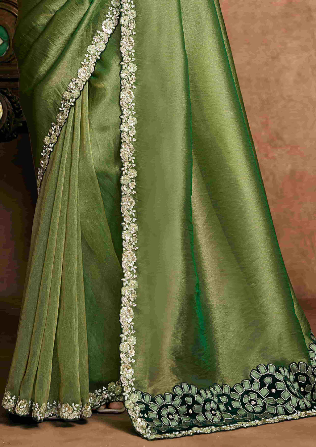 Olive Green Organza Satin Party Wear Saree with Floral Embroidery