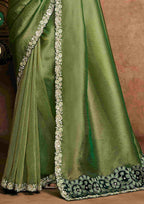 Olive Green Organza Satin Party Wear Saree with Floral Embroidery