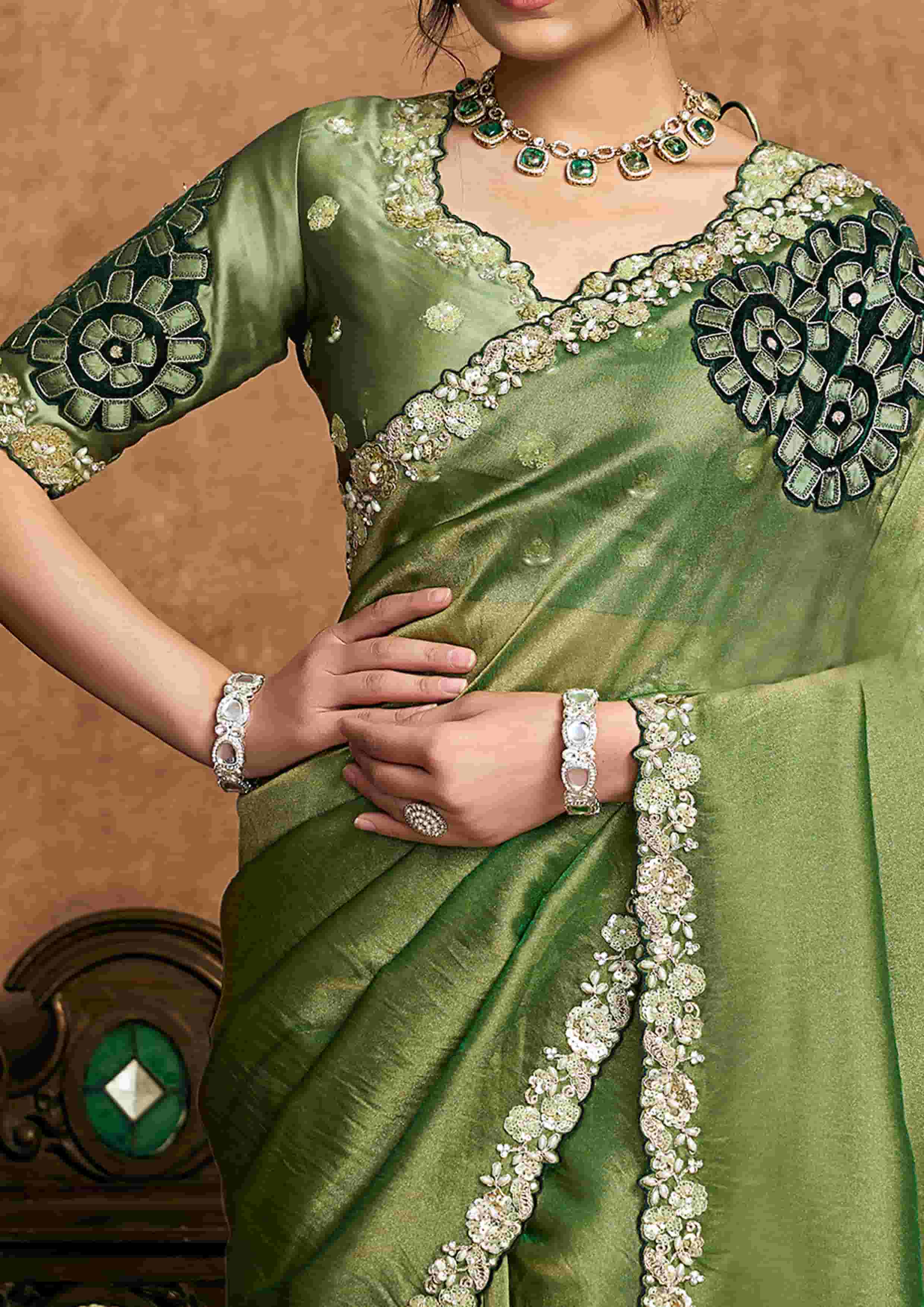 Olive Green Organza Satin Party Wear Saree with Floral Embroidery