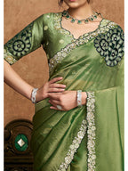 Green Zari Organza Satin Pearl Stone Sequin Work Saree