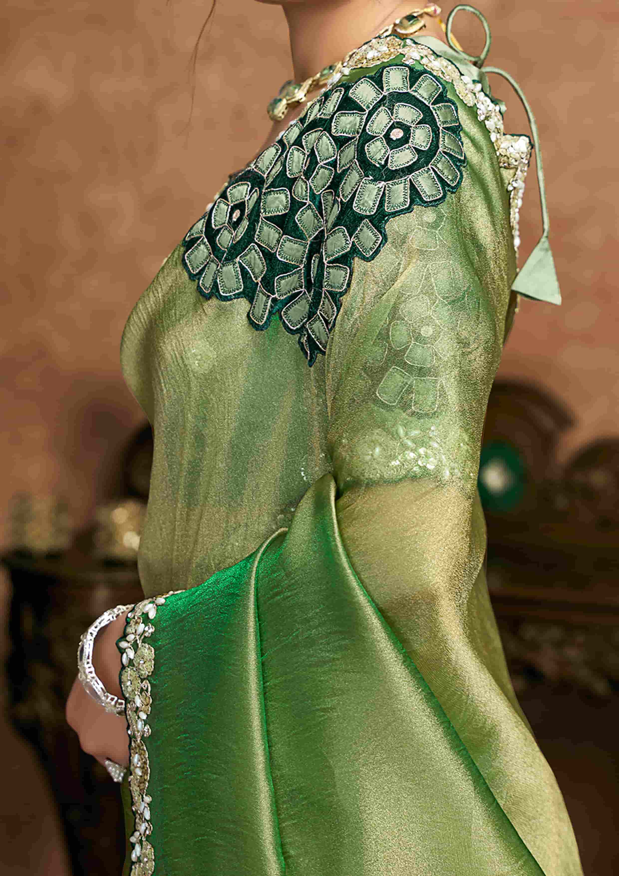 Olive Green Organza Satin Party Wear Saree with Floral Embroidery