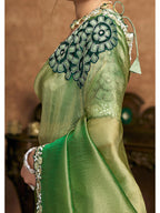 Green Zari Organza Satin Pearl Stone Sequin Work Saree