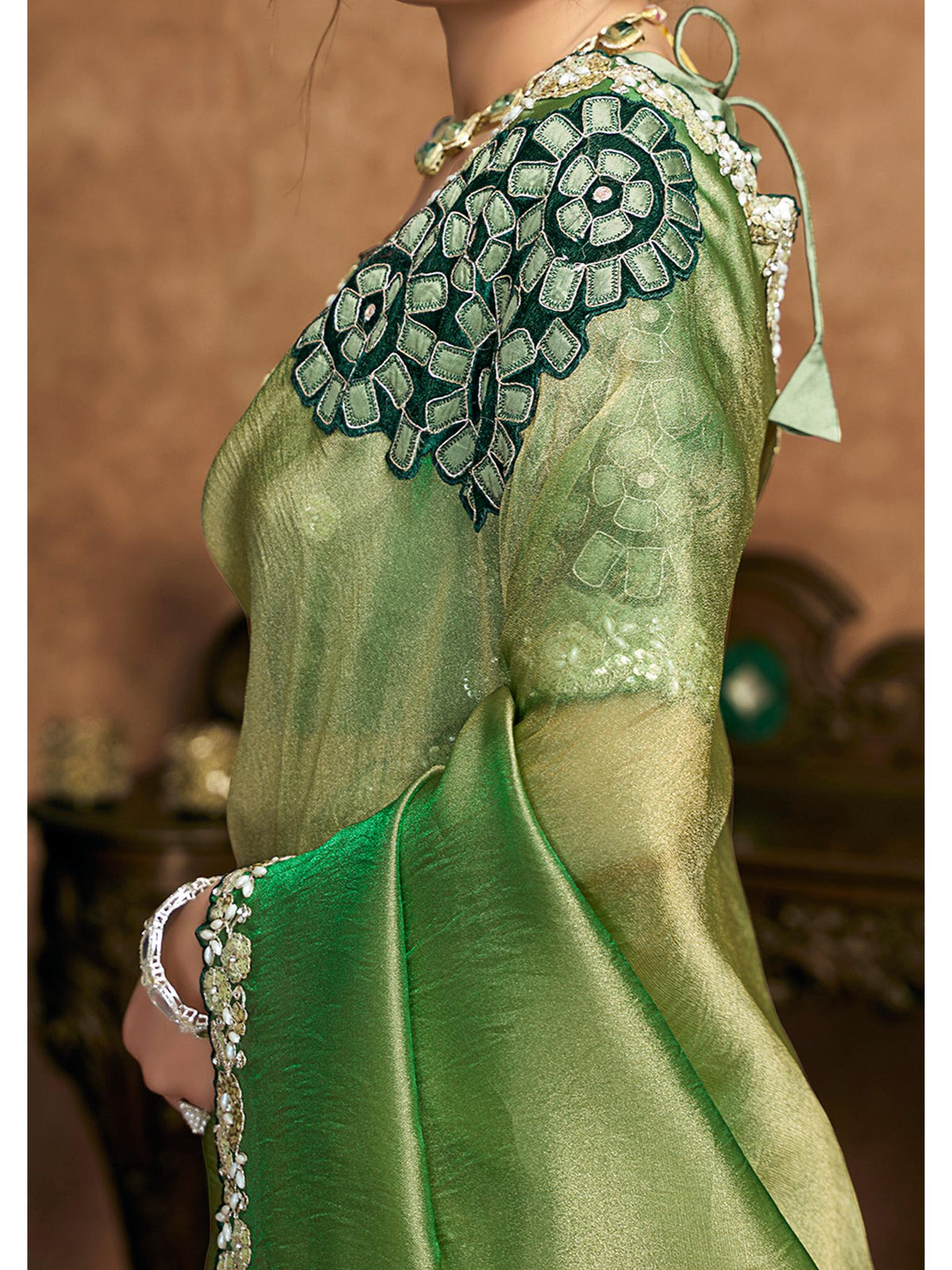 Green Zari Organza Satin Pearl Stone Sequin Work Saree