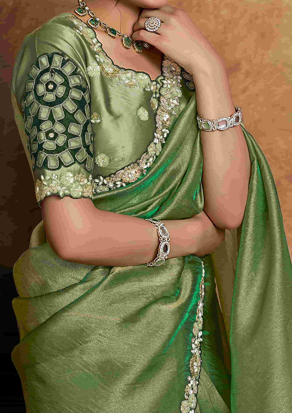 Olive Green Organza Satin Party Wear Saree with Floral Embroidery
